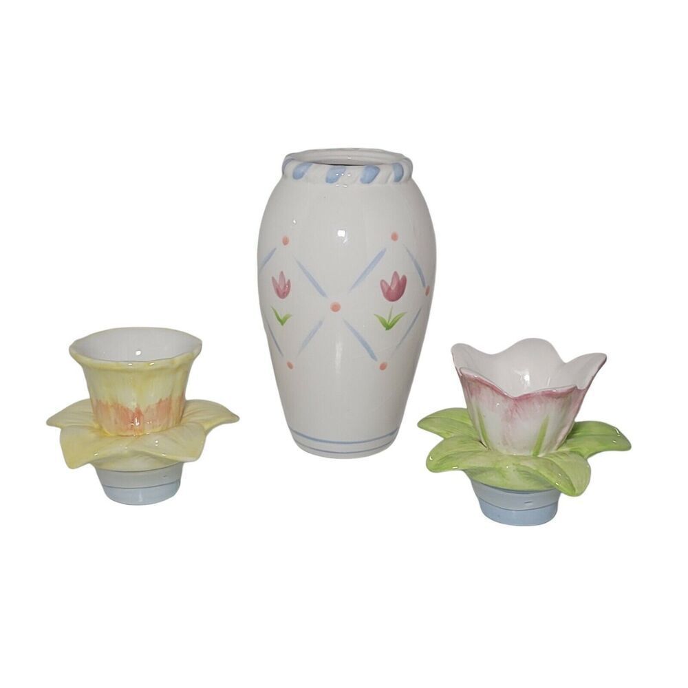 Avon Elegant Springtime Flower Blooms Vase and Taper Holders Multi-Color